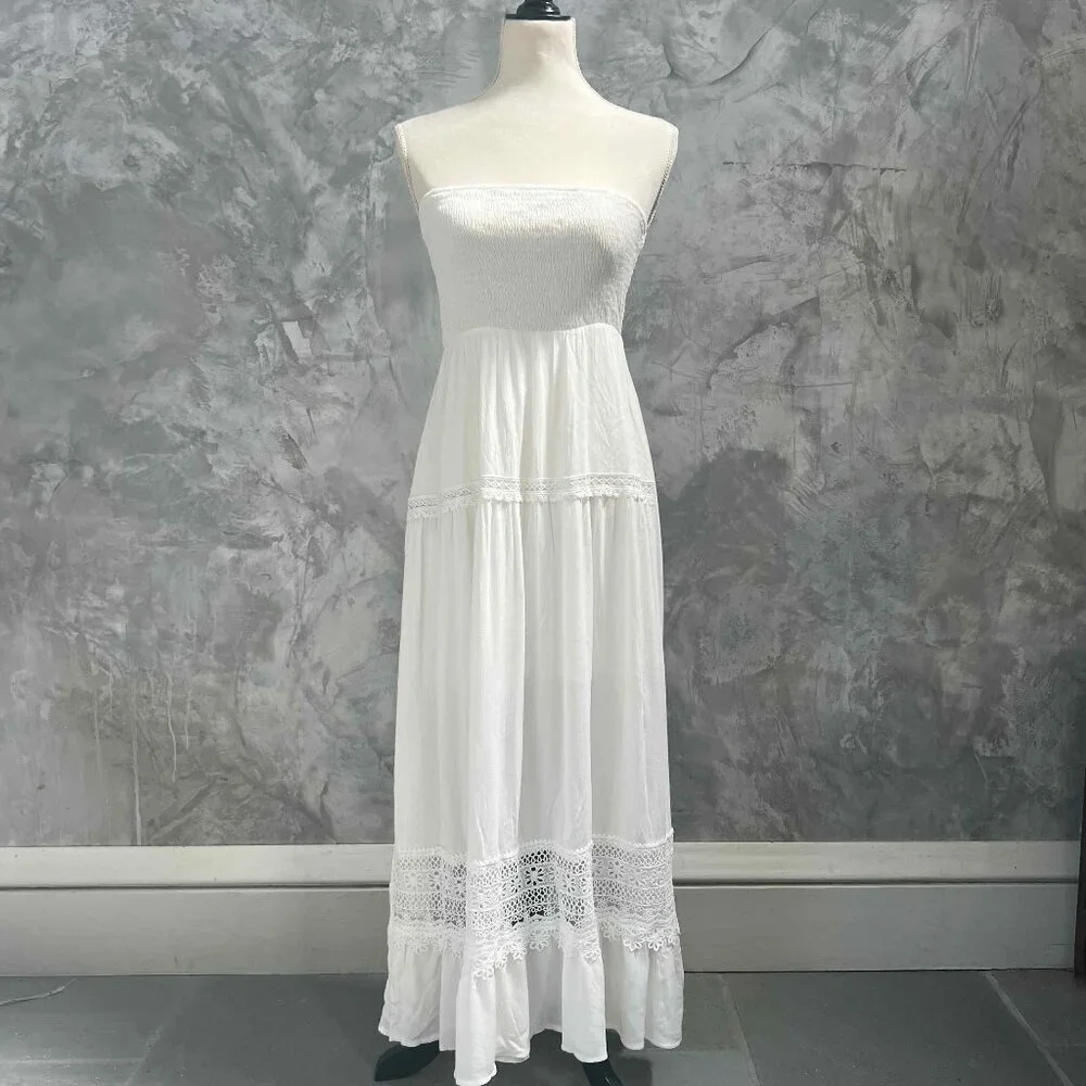 White Strapless Boho Embroidered A-Line Dress Holiday Wedding Romantic Festival - Picture 6 of 12